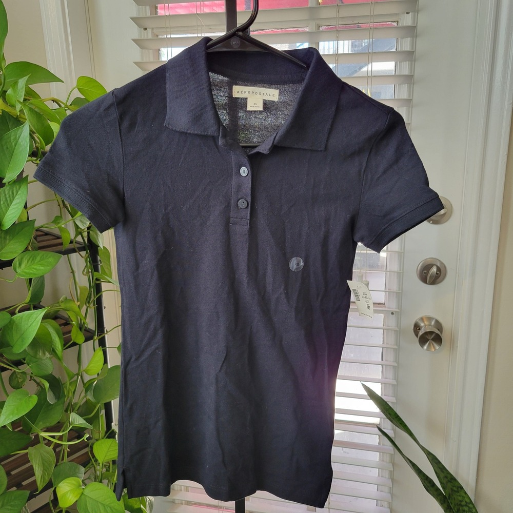 Aeropostale Womens Black Sleeve Pique Polo Shirt XS NWT